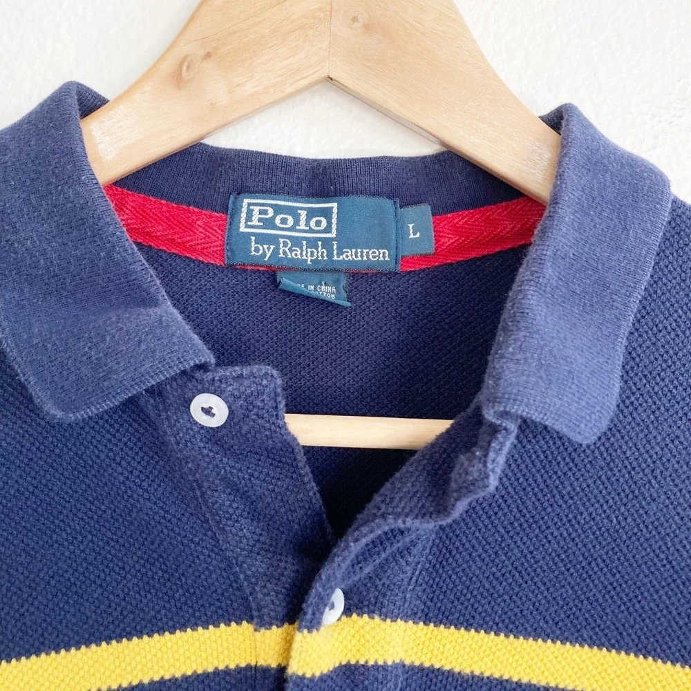 Vintage Polo Ralph Lauren Rugby Polo Shirt Mens L Blue Stripe Cotton Pique